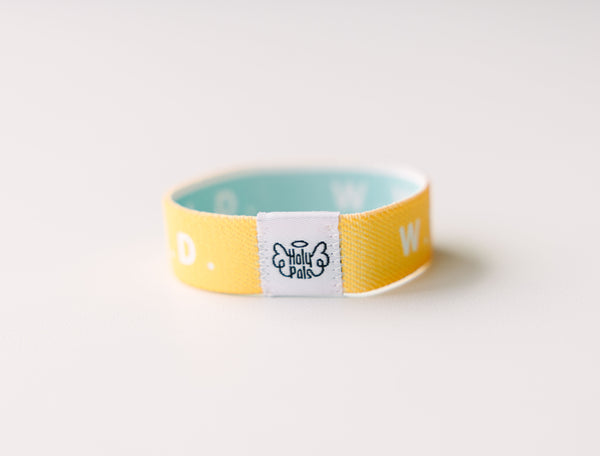 WWJD Yellow Reversible Elastic Fabric Bracelet