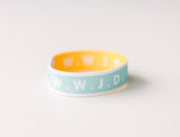 WWJD Yellow Reversible Elastic Fabric Bracelet