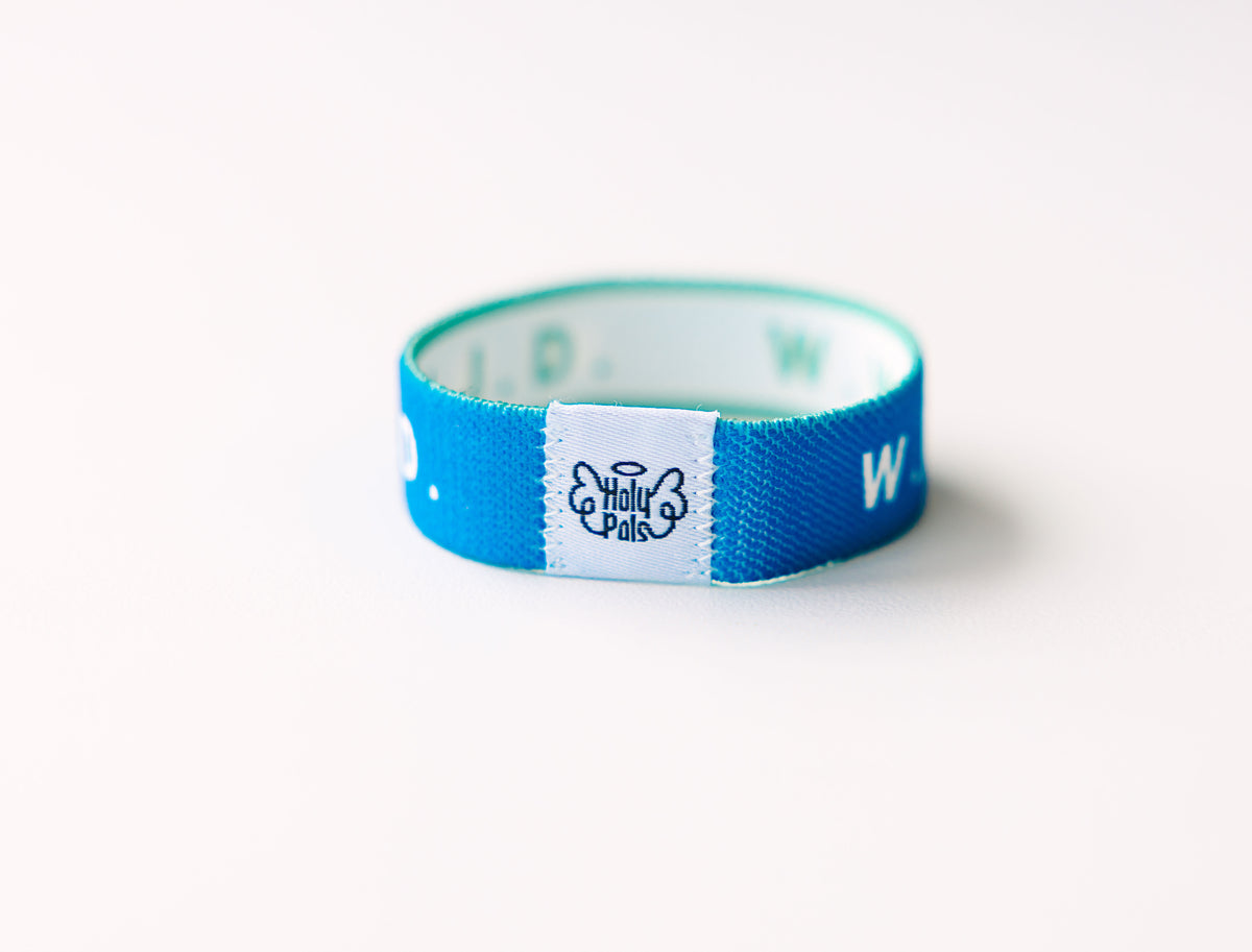 WWJD Blue Reversible Elastic Fabric Bracelet