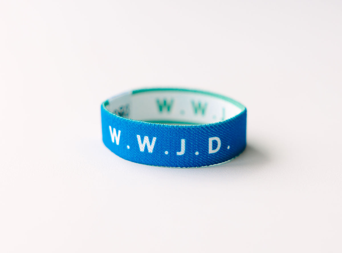 WWJD Blue Reversible Elastic Fabric Bracelet