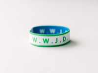 WWJD Blue Reversible Elastic Fabric Bracelet