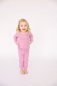 Solid Mauve PJ Long Sleeve Set Ribbed Cotton-Bamboo Blend