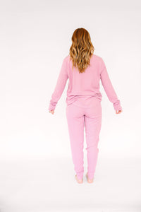 Solid Mauve Womens PJ Jogger Set Ribbed Cotton-Bamboo Blend