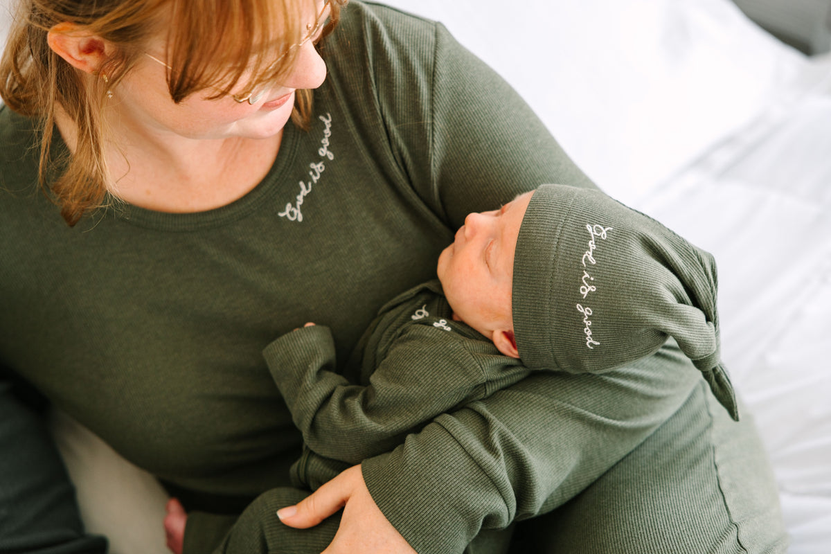 Solid Olive PJ Footless Onesie Ribbed Cotton-Bamboo Blend