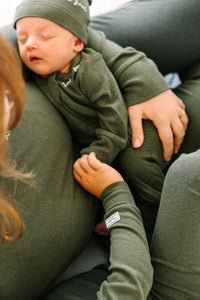 Solid Olive PJ Footed Onesie Ribbed Cotton-Bamboo Blend