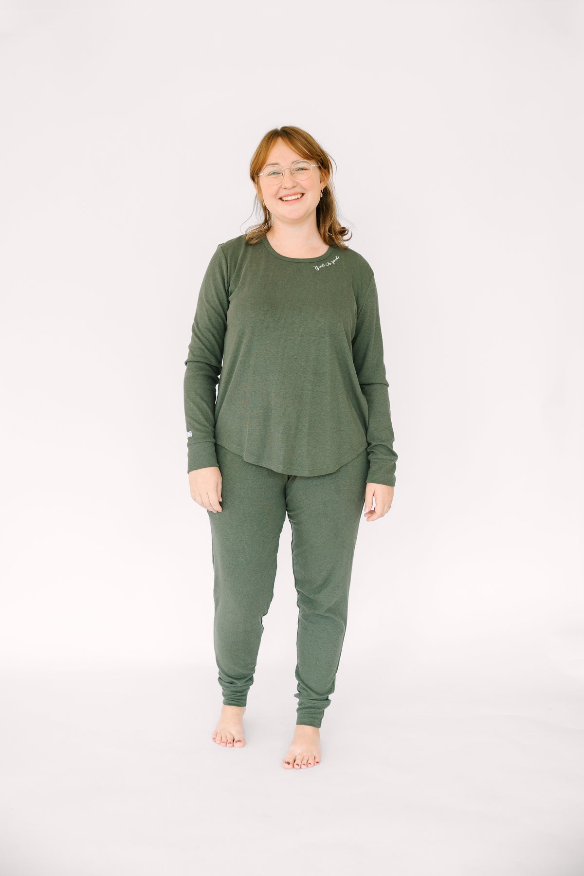 Solid Olive Womens PJ Jogger Set Ribbed Cotton-Bamboo Blend
