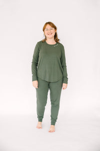 Solid Olive Womens PJ Jogger Set Ribbed Cotton-Bamboo Blend