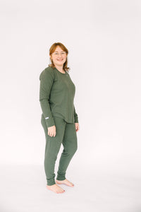 Solid Olive Womens PJ Jogger Set Ribbed Cotton-Bamboo Blend