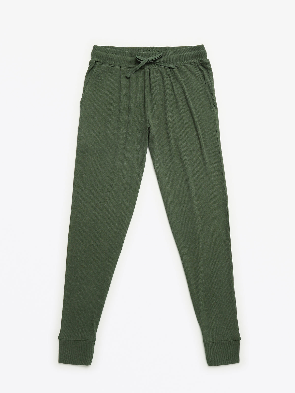 Solid Olive Womens PJ Jogger Set Ribbed Cotton-Bamboo Blend