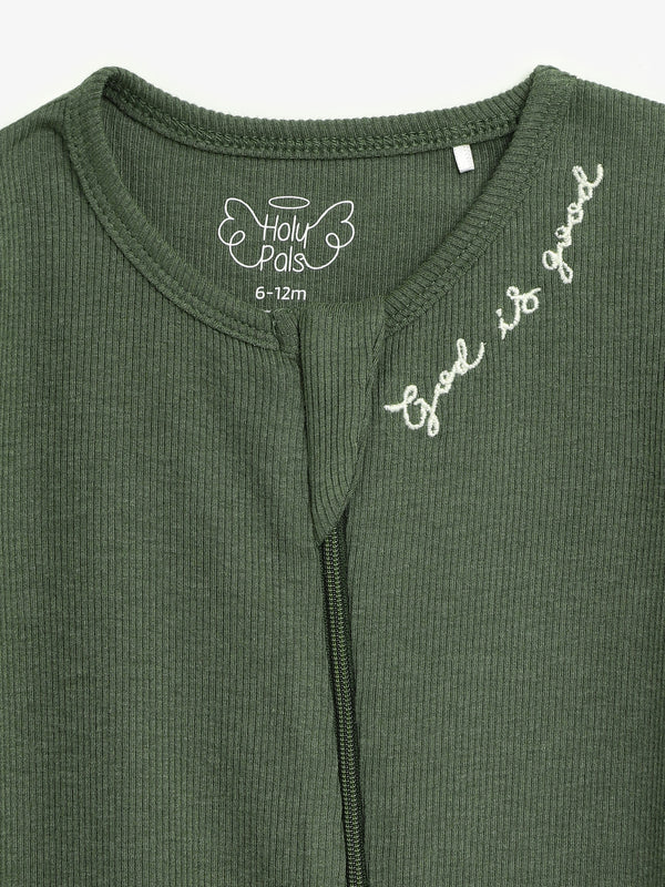 Solid Olive PJ Footed Onesie Ribbed Cotton-Bamboo Blend