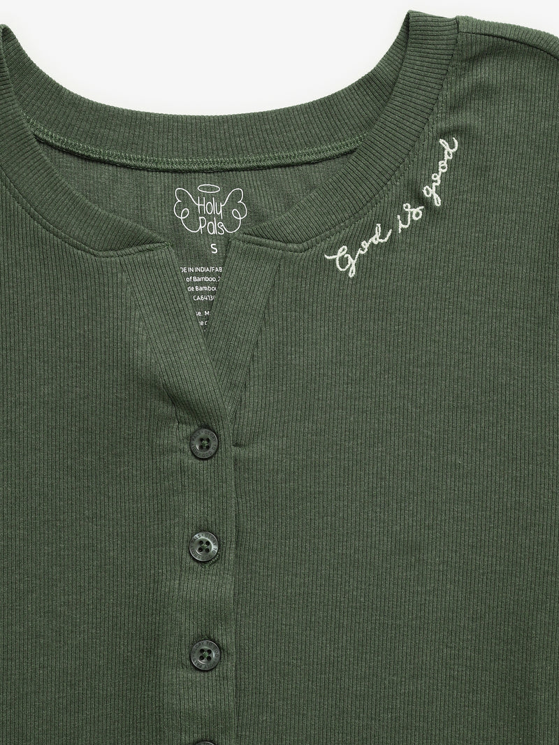 Solid Olive Womens Nightgown PJ Ribbed Cotton-Bamboo Blend