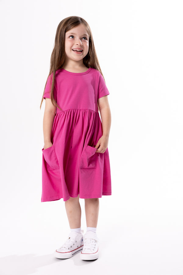 Fuchsia Prayer Pocket Short Sleeve Twirl Dress Cotton