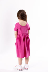 Fuchsia Prayer Pocket Short Sleeve Twirl Dress Cotton