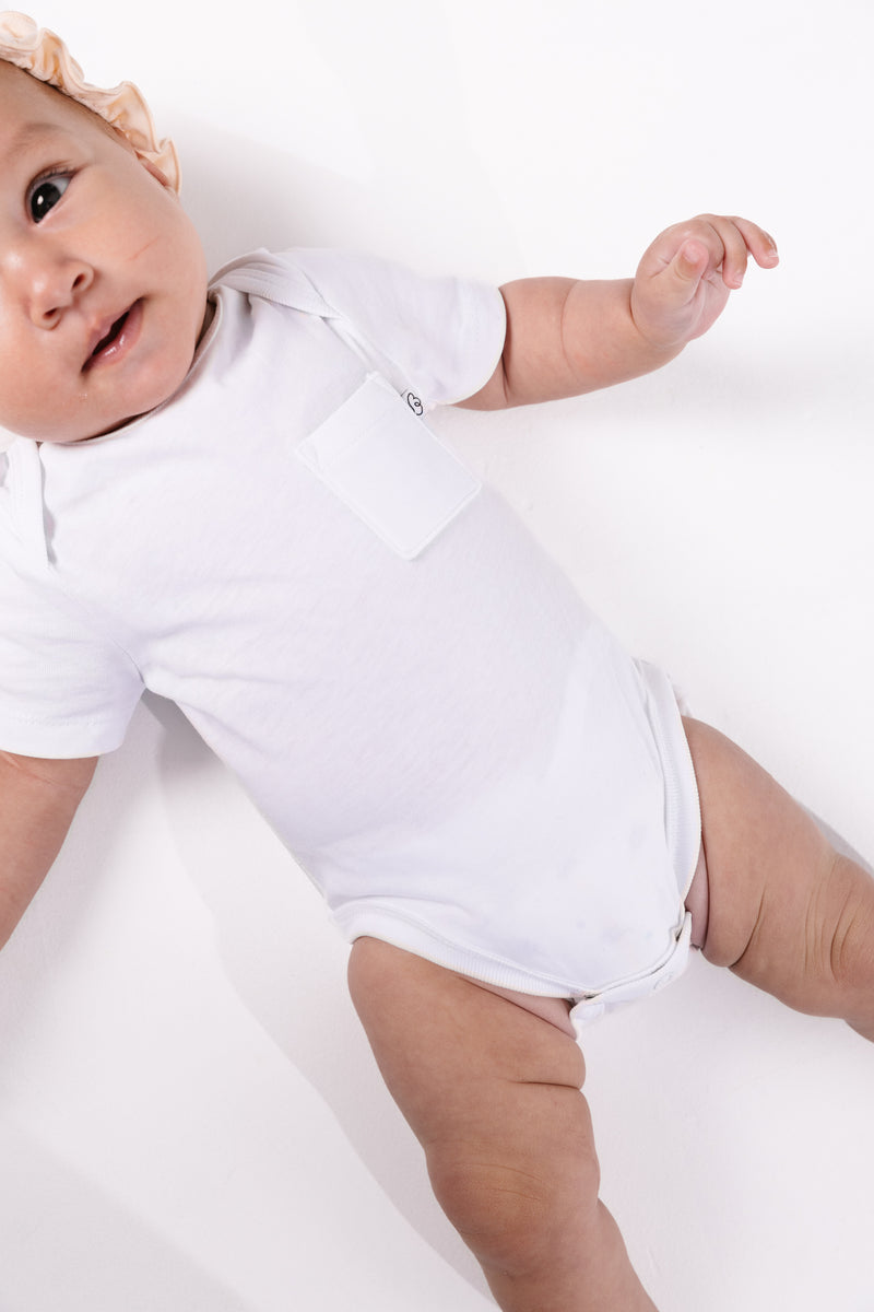 White Prayer Pocket Short Sleeve Bodysuit Cotton