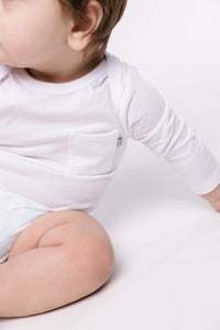White Prayer Pocket Long Sleeve Bodysuit Cotton