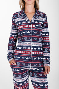 King of Kings Midnight Blue Womens PJ Notch Collar Set Cotton