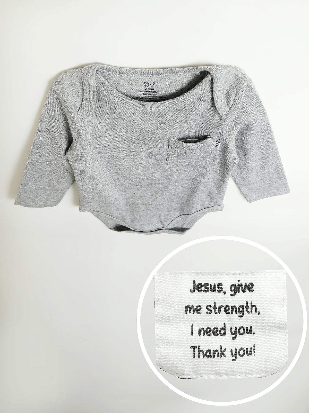 Heather Grey Prayer Pocket Long Sleeve Bodysuit Cotton
