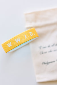 WWJD Yellow Reversible Elastic Fabric Bracelet