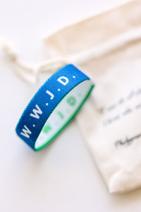 WWJD Blue Reversible Elastic Fabric Bracelet
