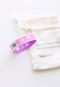 WWJD Purple Reversible Elastic Fabric Bracelet