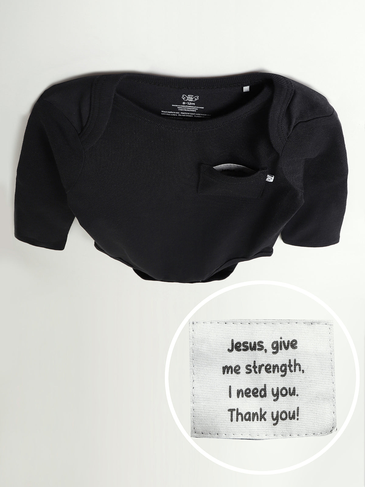 Black Prayer Pocket Long Sleeve Bodysuit Cotton