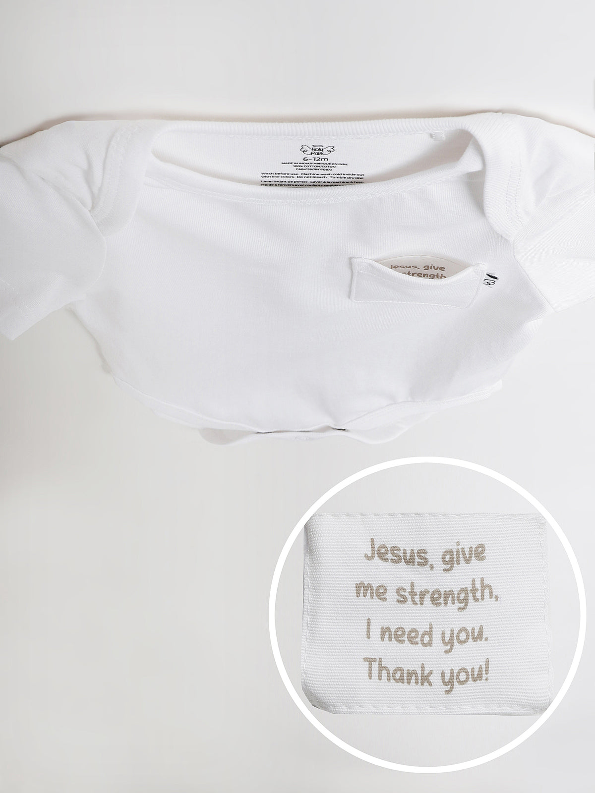 White Prayer Pocket Short Sleeve Bodysuit Cotton
